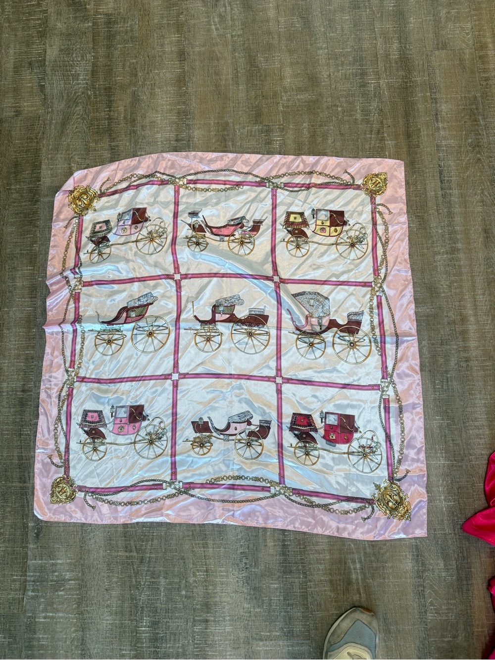 Vintage Horse-Drawn Carriage Square Scarf in Pink & Ivory